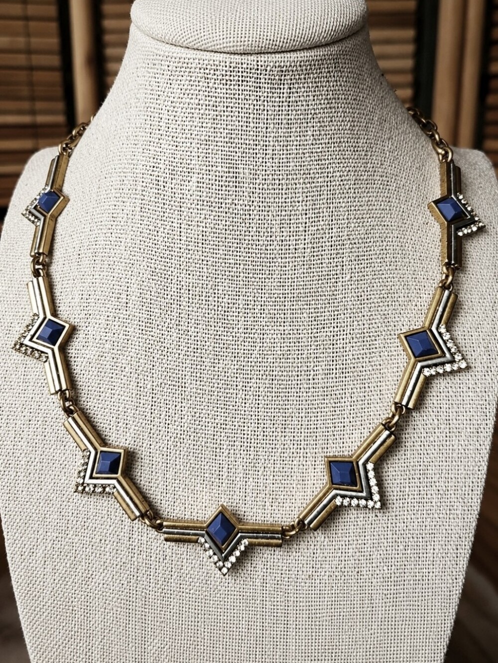 J. Crew Art Deco Revival Oxidized Brass Blue Tone Stone Statement Necklace EUC